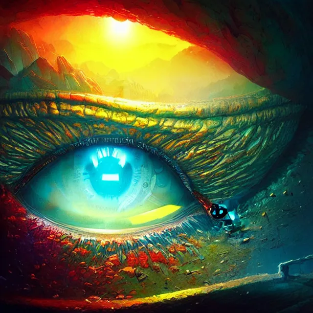 Image similar to microscopic view of the human eye, fantasy landscape inside the eye, illuminati eye, colorful, sharp and focus, ultra detailed, beautifully lit, in the art style of marc simonetti and john harris