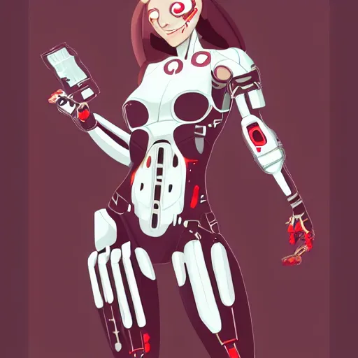 Prompt: a muscular female cyborg ( 8 0 % machine, 2 0 % human ) with glowing red eyes and an evil smile, repairing herself, science fiction themed, pixiv, vector art