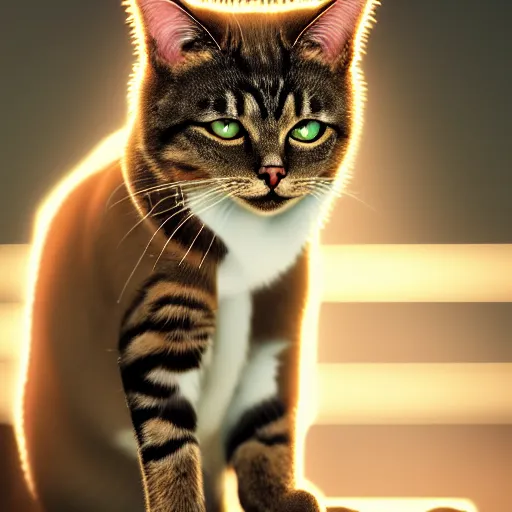 Image similar to polite cat, splash art, movie still, cinematic lighting, dramatic, octane render, long lens, shallow depth of field, bokeh, anamorphic lens flare, 8k, hyper detailed, 35mm film grain