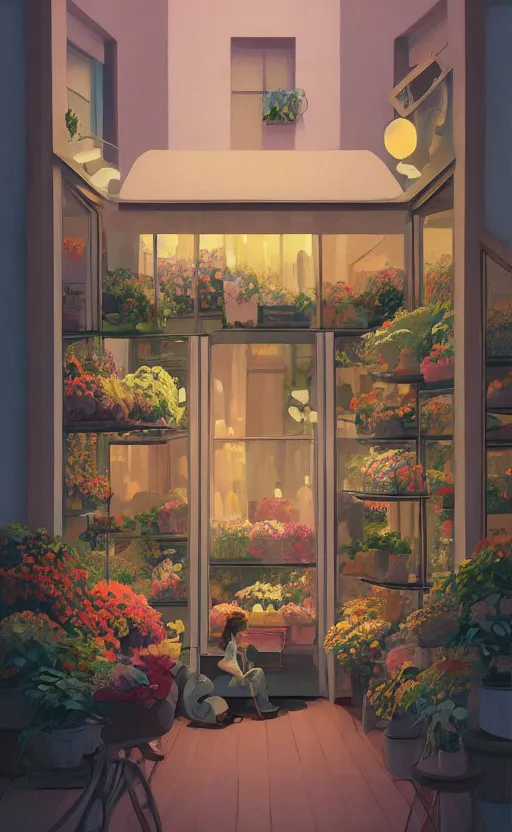 Image similar to cute cozy florist store, surreal cinematic illustration, by atey ghailan and escher and edward hopper