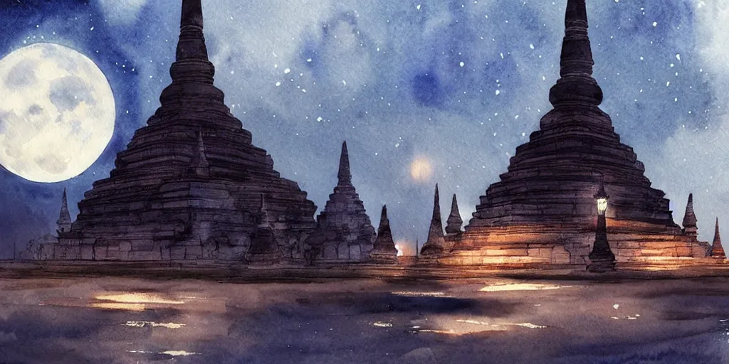 Prompt: sukhothai in the full moon night, lighting from moonlight and torques, warlord stand alone, watercolor, volumetric lighting, art by makoto shinkai