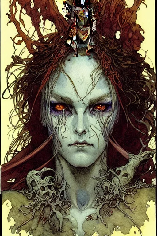 Image similar to a realistic and atmospheric watercolour fantasy character concept art portrait of a female necromancer looking at the camera with an intense gaze by rebecca guay, michael kaluta, charles vess and jean moebius giraud