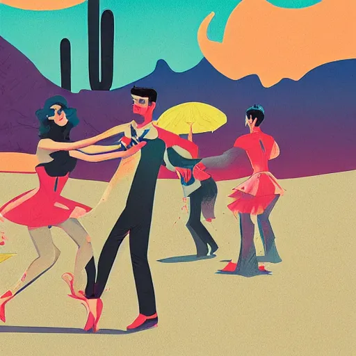 Image similar to a colorfully detailed comic noir illustration of tango dancers in a desert beach oasis by Sachin Teng, dark vibes, high contrast, pastel lighting, cinematic, depth of field, 8k