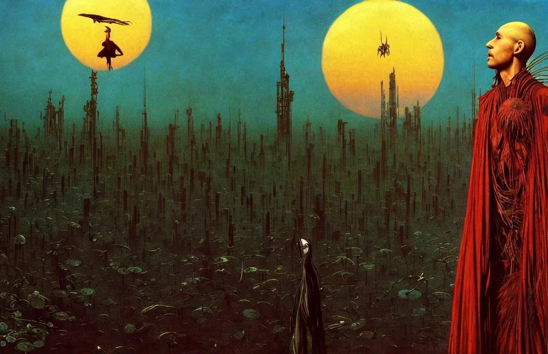 Prompt: realistic detailed portrait movie shot of a birdman wearing dark ragged robes, sci fi city sunset landscape background by denis villeneuve, amano, yves tanguy, alphonse mucha, ernst haeckel, max ernst, roger dean, masterpiece, rich moody colours, blue eyes