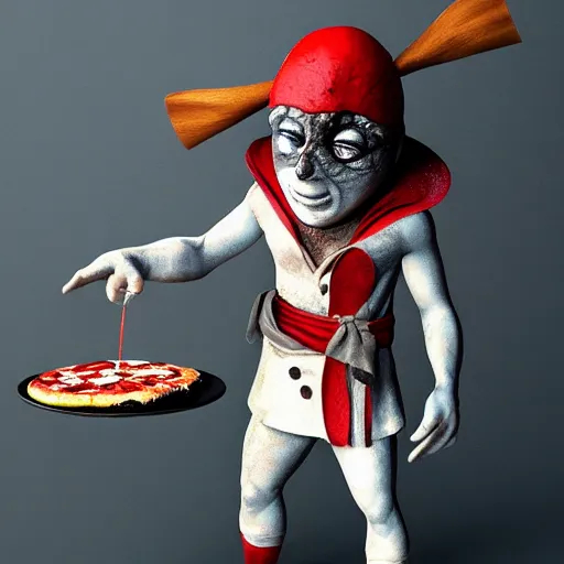 Image similar to a highly detailed pulcinella with a pizza margherita, black eye mask by arturo faldi, volcano and lava, trending on deviantart, octane, masterpiece, masqua