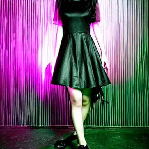 Image similar to cute vietnamese girl in semitransparent club dress, dark techno trip