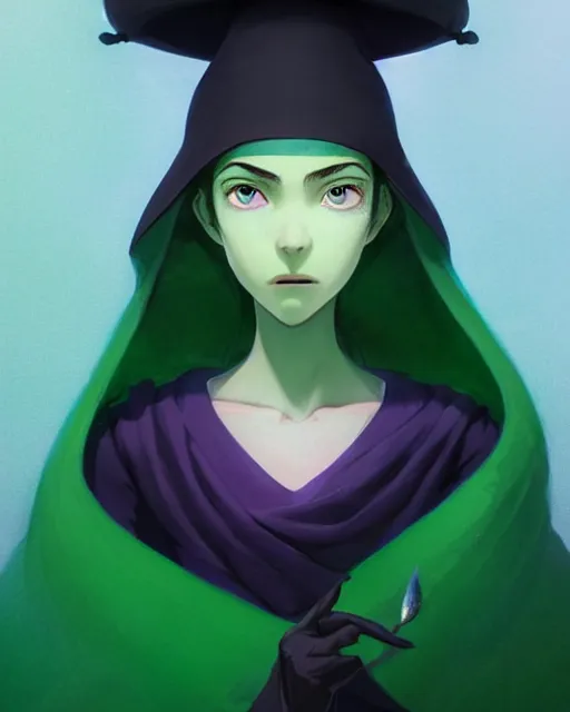 Prompt: greenskin female witch wearing a purple scarf, jet black hair, bright green eyes and pale greenish skin, simple black dress and witch hat, detailed perfect face, exquisite details, mid view, design on a dark galactic background, by studio muti, greg rutkowski makoto shinkai takashi takeuchi studio ghibli