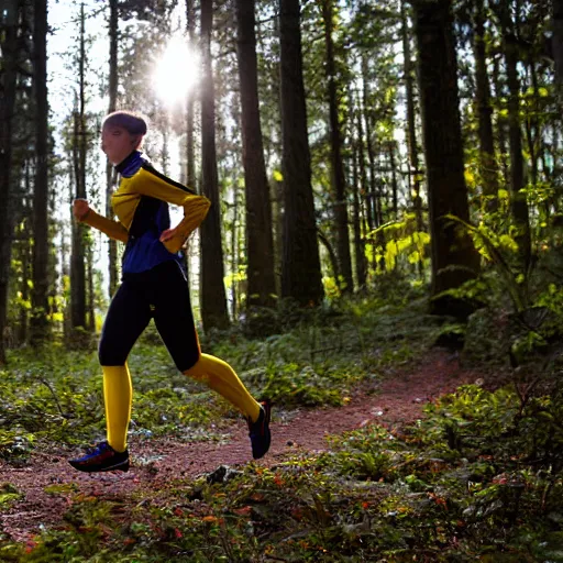 Image similar to a beutiful female orienteer wearing a yellow long - sleeved shirt and black tights runs in the forest, photo, sigma 5 5.