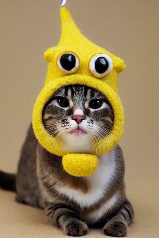 Image similar to realistic photo of an adorable cat wearing a banana hat, highly detailed,