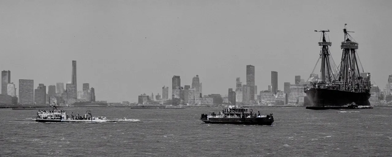 Prompt: a large ship transporting spaghetti in hudson river, background of the statute of liberty, canon 5 0 mm, photography, film, kodachrome