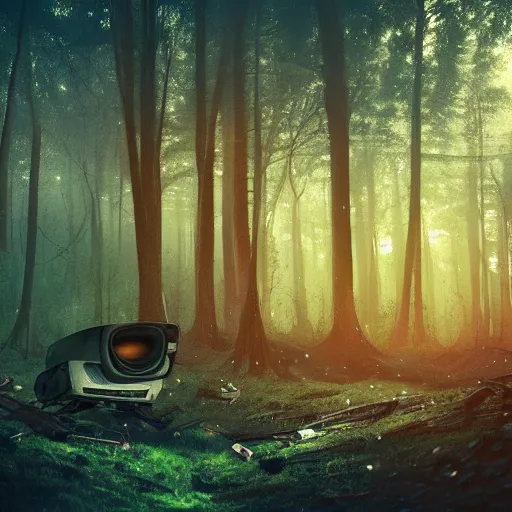 Prompt: beautiful dark forest landscape, pile of old broken televisions, in the style of beeple and Mike Winkelmann, intricate, epic lighting, cinematic composition, hyper realistic, 8k resolution