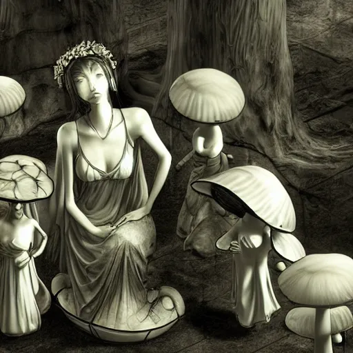 Prompt: mushroom goddess with group of elders, discussing the new season of friends, cynical realism, hiroya oku painterly, yoshitaka amano, chris cunningham, black and white, beautiful lighting, manga in the style of drummond, 3 d render, 8 k