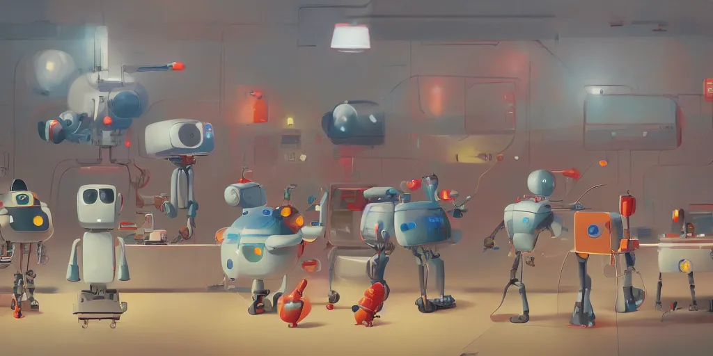 Prompt: cute robots in a bowling alley by Goro Fujita and Simon Stalenhag , 8k, trending on artstation, hyper detailed, cinematic