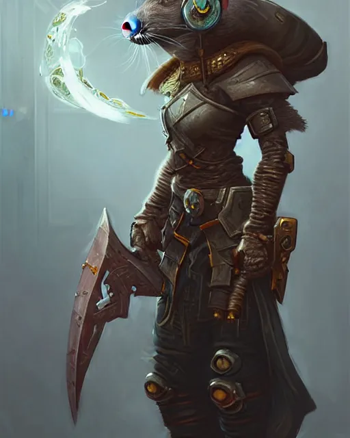 Image similar to cute pet rat warrior cyberpunk theme medieval, deep focus, d & d, fantasy, intricate, elegant, highly detailed, digital painting, artstation, concept art, matte, sharp focus, illustration, hearthstone, art by artgerm and greg rutkowski and alphonse mucha