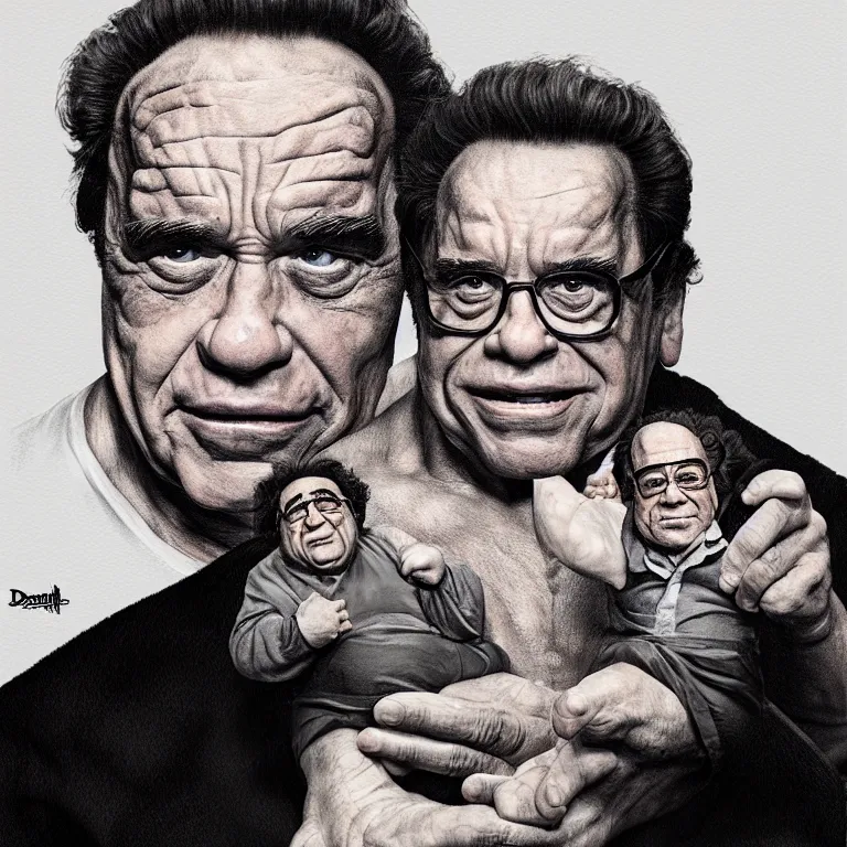 Prompt: Portrait of Danny DeVito holding a miniature Arnold Schwarzenegger gently in his hands, highly detailed, concept art, illustration, cinematic, artstation, digital painting, mystical, zen