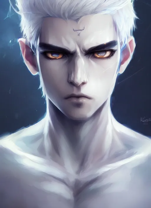 Image similar to highly detailed portrait art of half skull face boy white hair, black and blue eyes, ross tran, krenz cushart, white shirt, vd, intricate, digital anime art, sharp focus