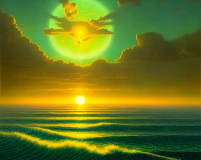 Prompt: the sun rising just above the horizon over the sea by josan gonzalez and tim hildebrandt and jonathan solter and ted withers and gil elvgren and sydney prior hall and greg rutkowski and roberto ferri, green water, highly detailed, high contrast, intricate details, blended palette, trending on art station, stunning visuals, creative, cinematic