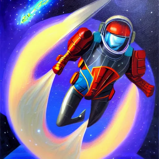 Image similar to marvel mech spaceman superhero with cape and magic spells surfing, isometric scifi astral spirit space journey in oil painting, pulled into the spiral vortex, trending on artstation, award winning, emotional, highly detailed ethereal isometric surrealist art