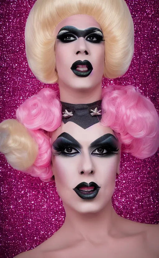 Image similar to 4k art deco portrait of a drag queen with an expression of shock and surprise wearing: heavy drag makeup, pink glitter bodysuit, huge blonde wig with bouffant hairdo, a pink oversized bow on top of wig