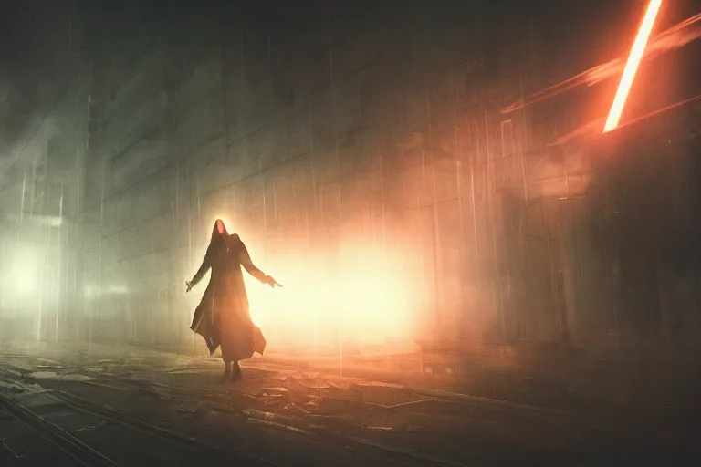 Prompt: techno-wizard, lightening, cyberpunk, occult, dark, summoning ritual, dugeon, photo realistic, cinematic lighting, epic composition, foggy, dark atmosphere, dark magic atmosphere, highly detailed