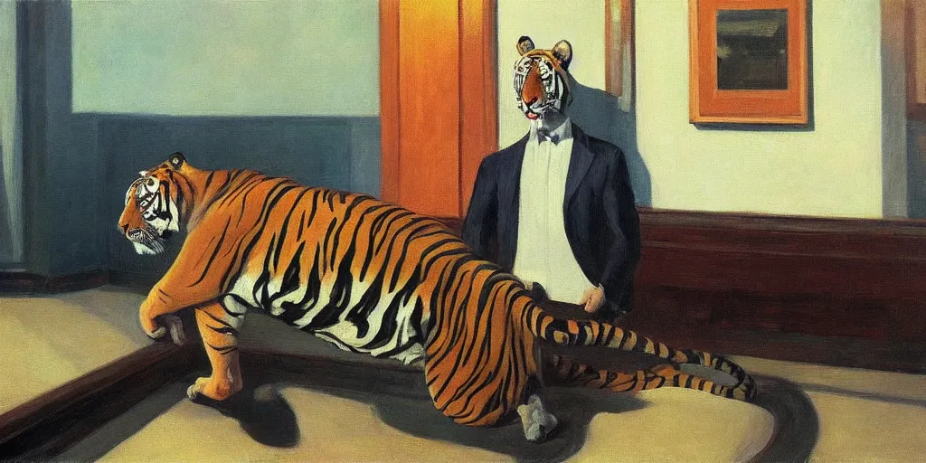 Image similar to a tiger in a suit, oil painting, by edward hopper