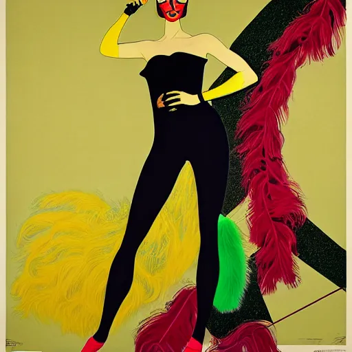 Image similar to art by joshua middleton, a medium shot portrait of the golden creeper, a tall manically smiling yellow - skinned woman with green and black striped cycling shorts and wearing a long red and black striped ostrich feather boa, yellow makeup, mucha, kandinsky, poster, art deco motifs, comic art, stylised design, scarlet feather boa