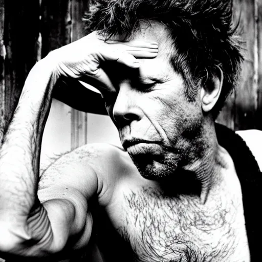 Image similar to tom waits gnawing on a plank of wood, black and white photograph