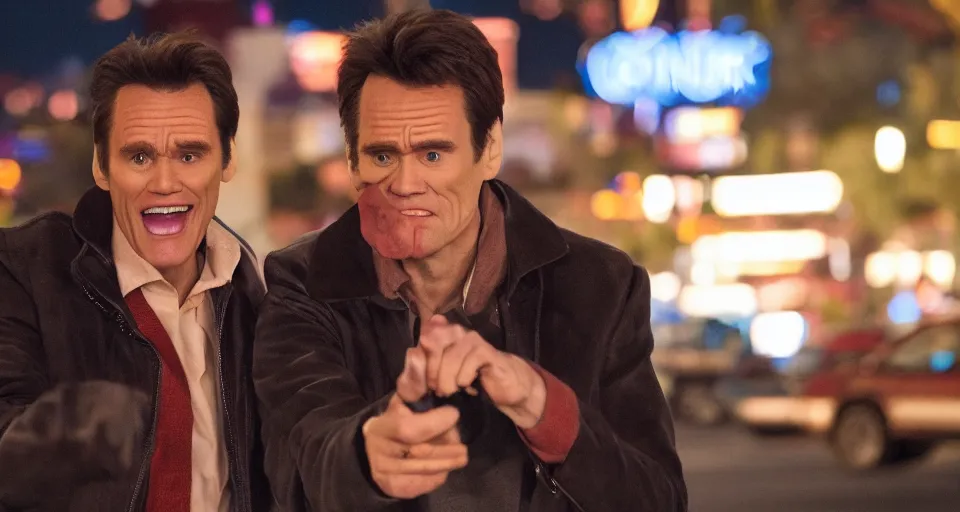 Image similar to first image comedy heist movie starring jim carrey and eddie murphy, sundance official selection. shot on the las vegas strip with alexa mini, stunning cinematography, golden hour, filmgrain.