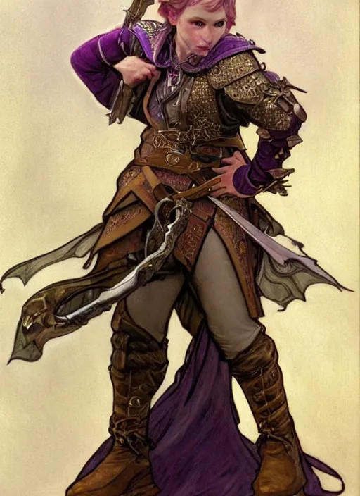 Prompt: a gender neutral halfling wearing leather armour and a purple smoking jacket, short brown hair. fantasy concept art. moody epic painting by james gurney, and alphonso mucha. artstationhq. painting with vivid color. ( dragon age, witcher 3, arcane, lotr )