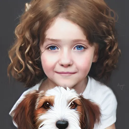 Prompt: a seven year old girl with short wavy curly light brown hair and blue eyes sitting with a very cute wire haired jack russell terrier puppy, white with brown patches over both eyes. detailed, high quality painting by artgerm and greg rutkowski and lois van baarle