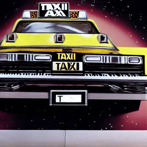 Image similar to taxi made from synthesizers keyboards, background of space