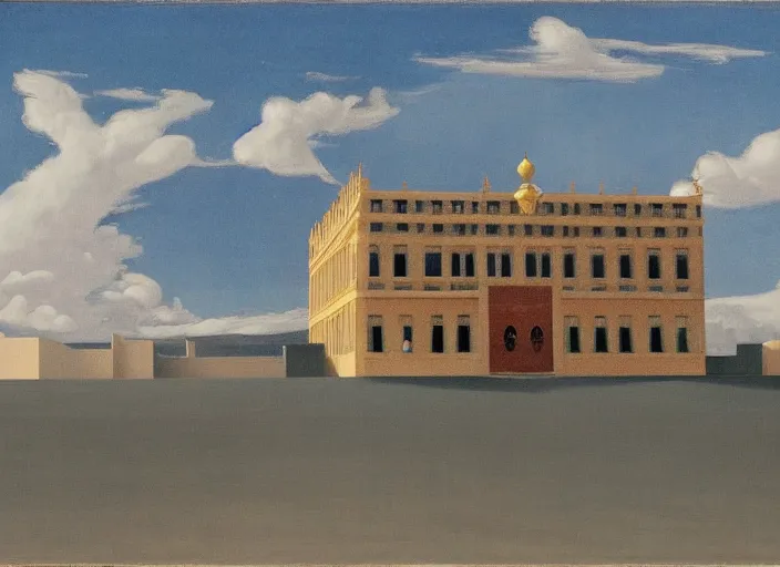 Image similar to lhasa palace, clouds, bird, open ceiling, strange foreign objects, oil painting by edward hopper, chirico and rene magritte