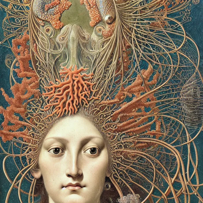 Prompt: realistic detailed face portrait of the goddess of the fish of the three times with an intricate headdress of corals, sea kelp, sea plants, fish, jellyfish, art by ernst haeckel, archimboldo, face in focus, neo - gothic, gothic,