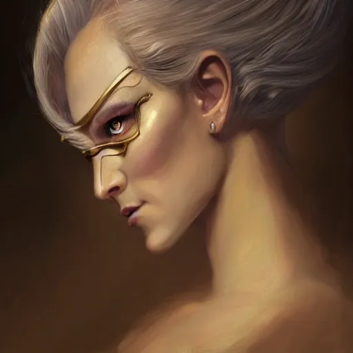 Image similar to a detailed matte head - on portrait painting of an middle - aged half - tiefling noblewoman with golden eyes and short well kept hair, by charlie bowater, lise deharme, wlop, tending on arstation, dungeons and dragon, dnd, pathfinder, fanart, oil on canvas