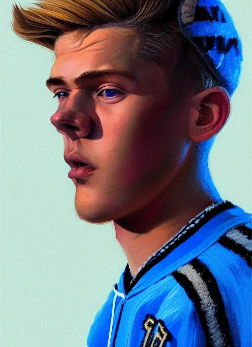 Image similar to portrait of high school senior boy named big moose, blonde short hair, jock, beefy, wide face, square jaw, square facial structure, blue varsity jacket with letter r, intricate, elegant, glowing lights, highly detailed, digital painting, artstation, concept art, sharp focus, illustration, art by wlop, mars ravelo and greg rutkowski