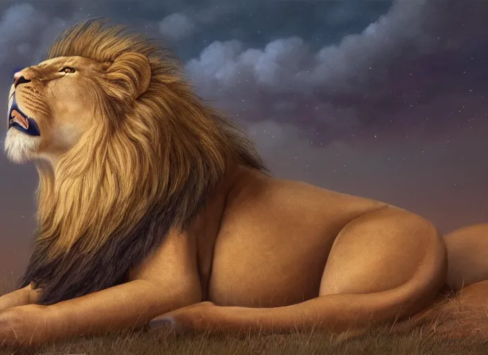 Prompt: a full body shot, detailed photograph of a dreaming lion in a distance landscape photorealism ultradetailed digital art, irina french, heraldo ortega, mandy jurgens, golden ratio, art canvas, award winning, masterpiece trending on artstation 8 k 1 5 0 mpx, hasselblade shot