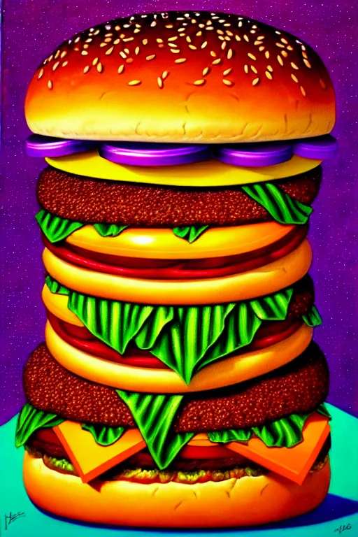 Image similar to a photorealistic painting of an isometric hamburger monster by johfra bosschart, lisa frank, dark fantasy art, high detail, trending on artstation