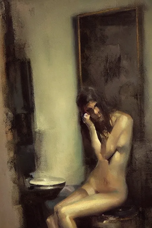 Prompt: a beautiful painting by christian hook of a woman in a bathroom, brushstrokes by jeremy mann, still life, dark colors