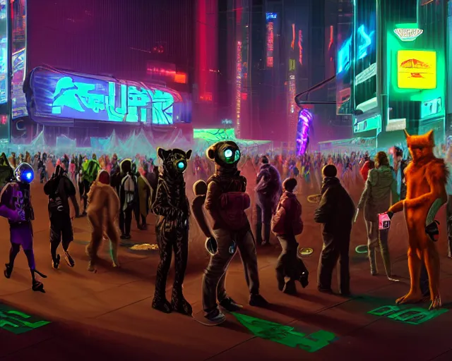 Image similar to high - resolution photograph from a cyberpunk era furry fandom convention ( midwest furfest 2 0 4 7 ), taking place after the genetic revolution and singularity. photorealistic.