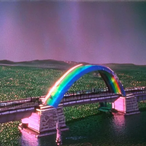 Prompt: rainbow bridge of asgard, film still, highly detailed, shimmering, sparkling, magical