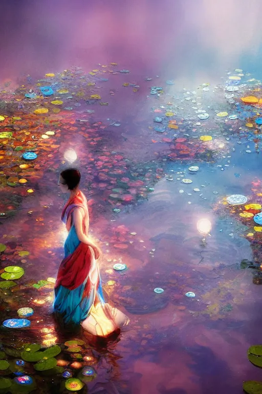 Image similar to nenufar in a pond, colorful, blue backgroung,clean, joyful, intricate, elegant, volumetric lighting, digital painting, highly detailed, artstation, sharp focus, illustration, concept art, ruan jia, steve mccurry