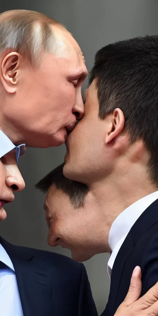 Image similar to Vladimir Putin open mouth kissing Volodymyr Zelenskyy