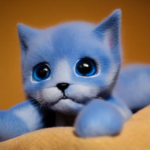 Prompt: a babies's blue kitten made of plush with lovely cute eyes