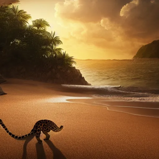 Prompt: a beach with with shells and a leopard walking there, highly-detailed, dramatic lighting, artstation, 4k, cinematic landscape, photograph by Keanu Reeves