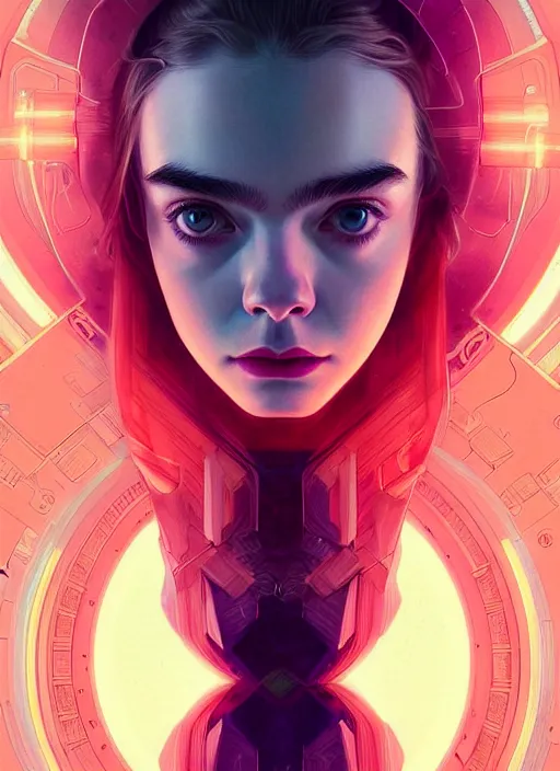 Image similar to symmetry!! portrait of elle fanning, lily collins, anya taylor - joy, sci - fi, tech wear, glowing lights!! intricate, elegant, highly detailed, digital painting, artstation, concept art, smooth, sharp focus, illustration, art by artgerm and greg rutkowski and alphonse mucha