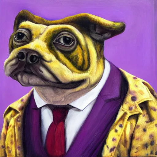 Image similar to Portrait of a psychotic crossbreed between a rabid dog and a toad, in a purple suit, oil painting