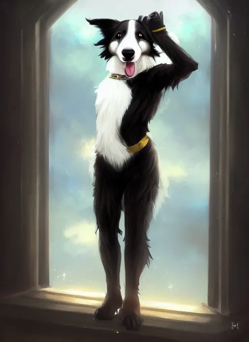 Prompt: wide angle beautiful full body portrait of a cute male anthropomorphic border collie fursona wearing a starfleet uniform on a starsheep and posing in front of a window, character design by charlie bowater, henry asencio, and ross tran, furry art, furaffinity, scenic background, beautiful, glamor pose, detailed, trending on artstation