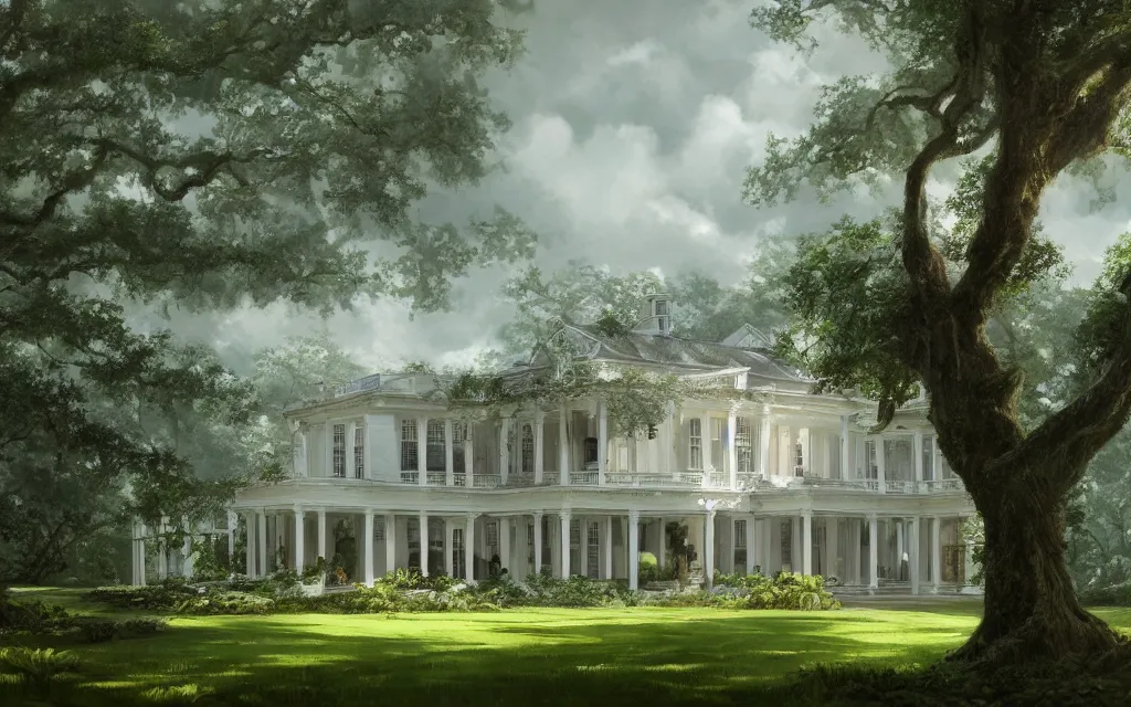 Image similar to a white manor house on a lush southern plantation with a tree-lined driveway, romanticism, hyperdetailed, artstation, cgsociety, 8k, masterpiece, sharp, fine art