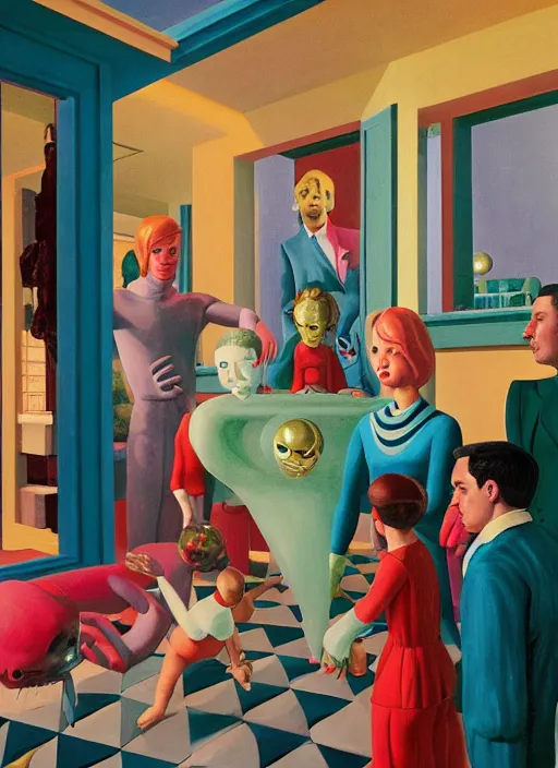 Image similar to painting of a gucci costumed family being shown how to open magic portals by a large glowing alien in their suburban living room maze, designed by gucci and wes anderson, energetic glowing orbs in the air, cinematic look, in the style of edward hopper, james jean, petra collins and mc. escher