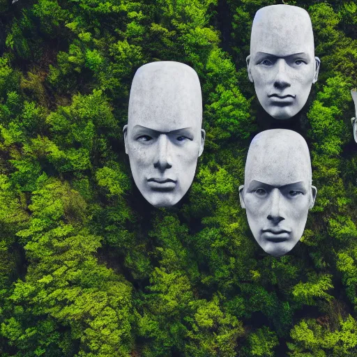 Prompt: a series of gigantic weird concrete head busts in the mountains, surrounded by vegetation, perspective shot from the sky, realistic, by origiful, 4 k